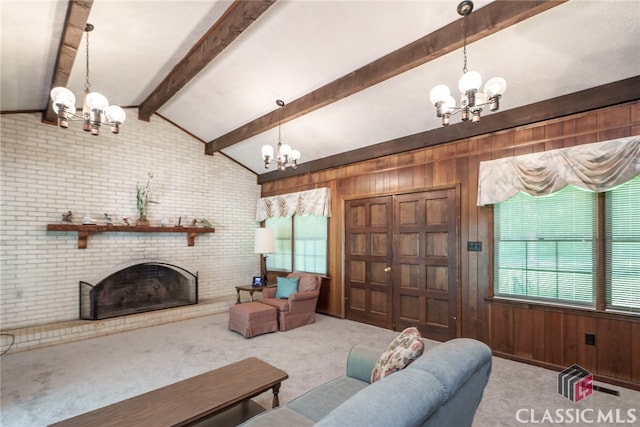 living room featuring a brick fireplace, vaulted ceiling with beams, wood walls, and light colored carpet