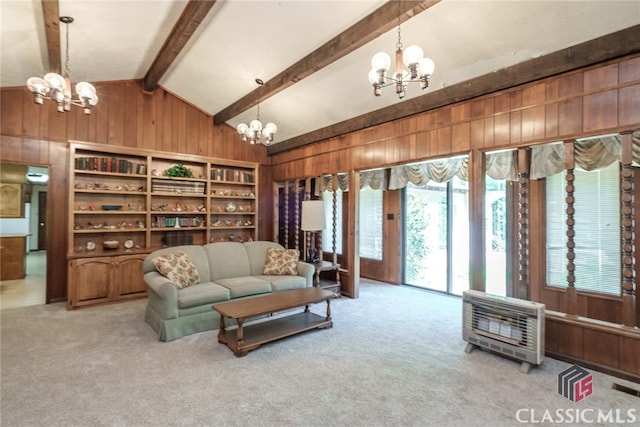 living room featuring light carpet, wooden walls, vaulted ceiling with beams, and heating unit