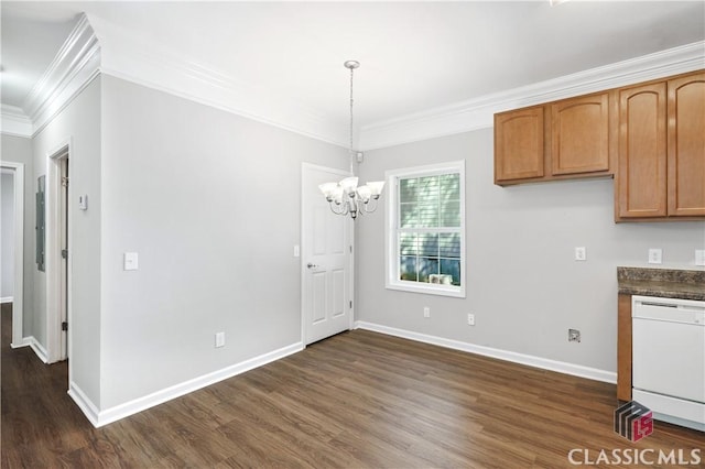 kitchen with pendant lighting, ornamental molding, dishwasher, and dark wood-type flooring