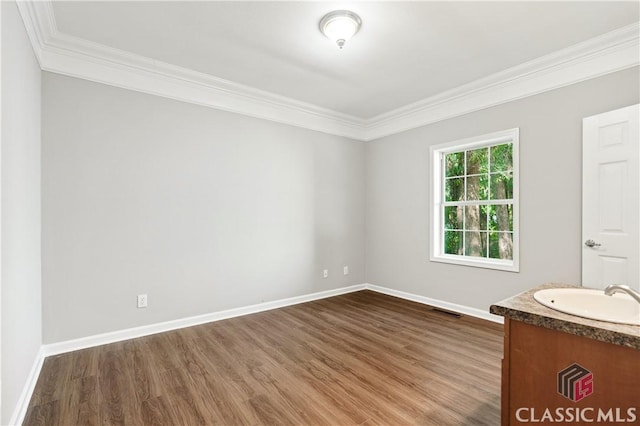 interior space featuring vanity, crown molding, and wood-type flooring