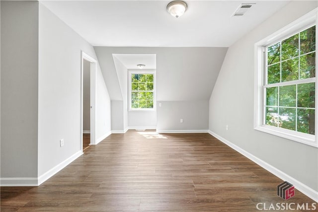 bonus room with lofted ceiling, a healthy amount of sunlight, and dark hardwood / wood-style floors