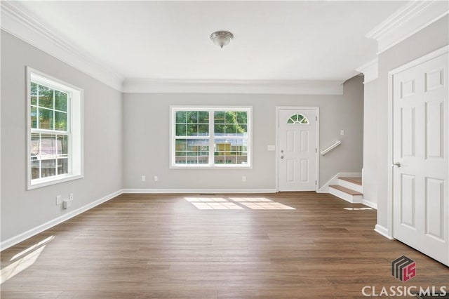 entrance foyer with dark hardwood / wood-style flooring and ornamental molding