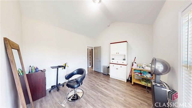 miscellaneous room featuring lofted ceiling and light wood-type flooring