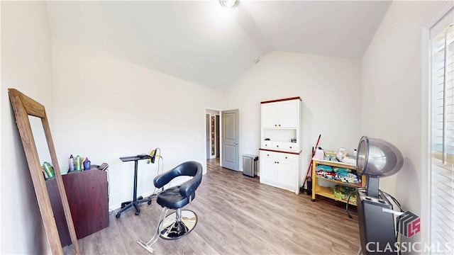 interior space with vaulted ceiling and light wood-type flooring