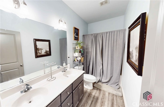 bathroom featuring vanity, toilet, and hardwood / wood-style flooring