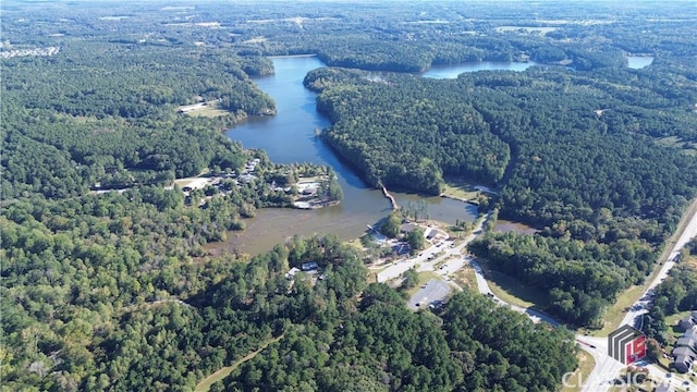 birds eye view of property featuring a view of trees and a water view