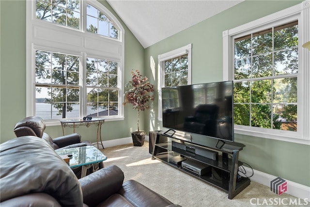 carpeted living room featuring high vaulted ceiling and a healthy amount of sunlight