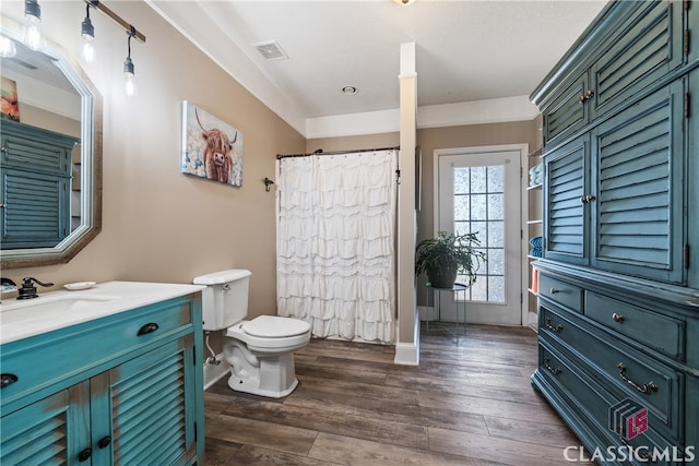 bathroom with vanity, toilet, curtained shower, and hardwood / wood-style floors