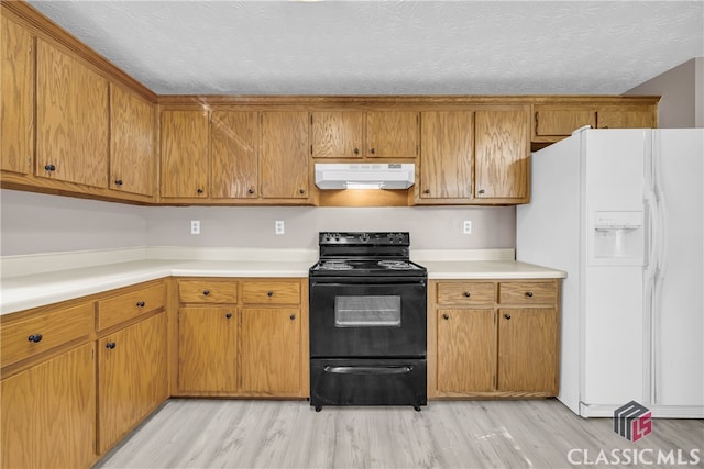 kitchen with black range with electric cooktop, light hardwood / wood-style flooring, white refrigerator with ice dispenser, and a textured ceiling