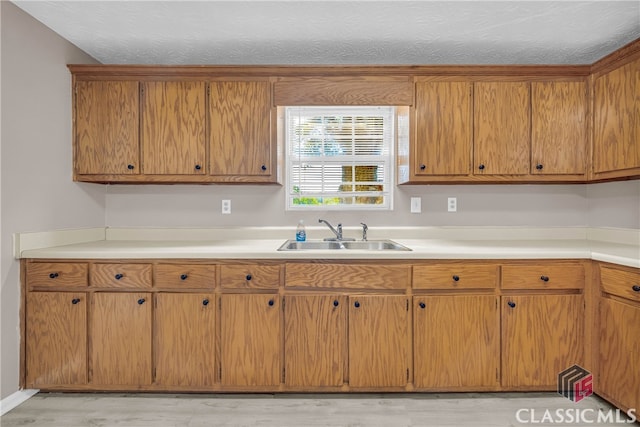 kitchen with sink, a textured ceiling, and light wood-type flooring