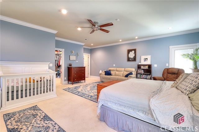 carpeted bedroom with ornamental molding, a walk in closet, a closet, and ceiling fan