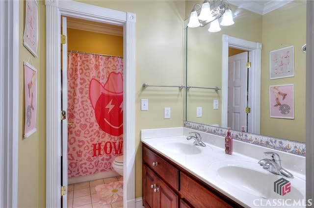 bathroom with curtained shower, toilet, vanity, crown molding, and tile patterned flooring