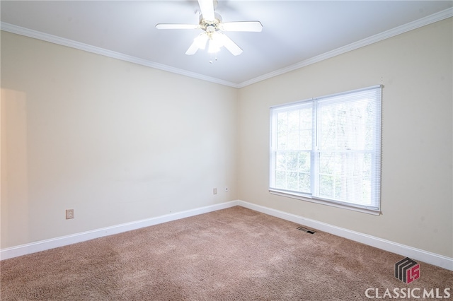 carpeted spare room with ceiling fan and crown molding