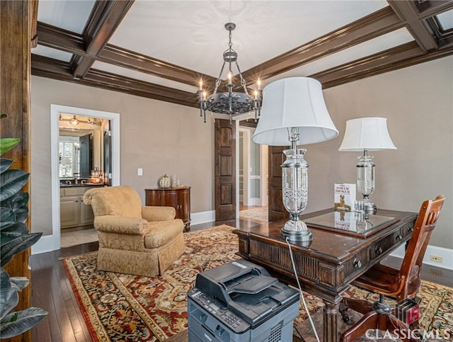 sitting room with coffered ceiling, crown molding, a notable chandelier, beam ceiling, and wood-type flooring