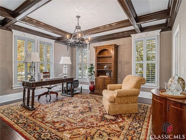 office area with coffered ceiling, a chandelier, baseboards, beam ceiling, and wood finished floors