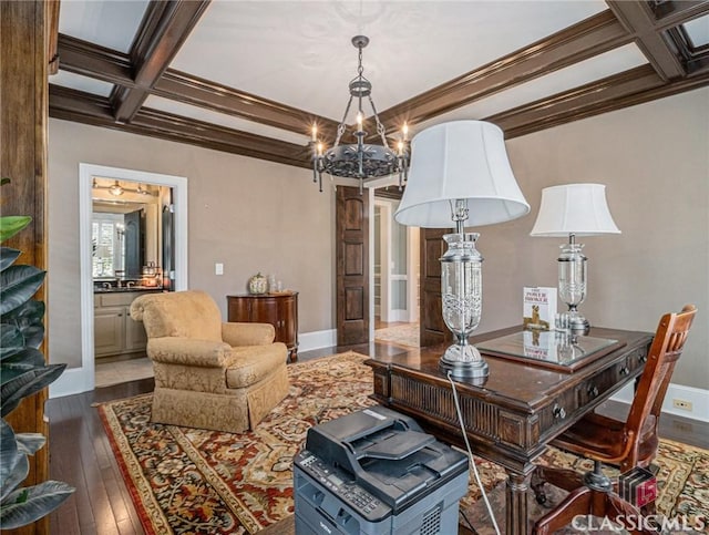 home office featuring coffered ceiling, a chandelier, beamed ceiling, hardwood / wood-style flooring, and crown molding