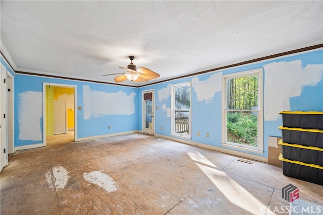 unfurnished bedroom with crown molding and ceiling fan