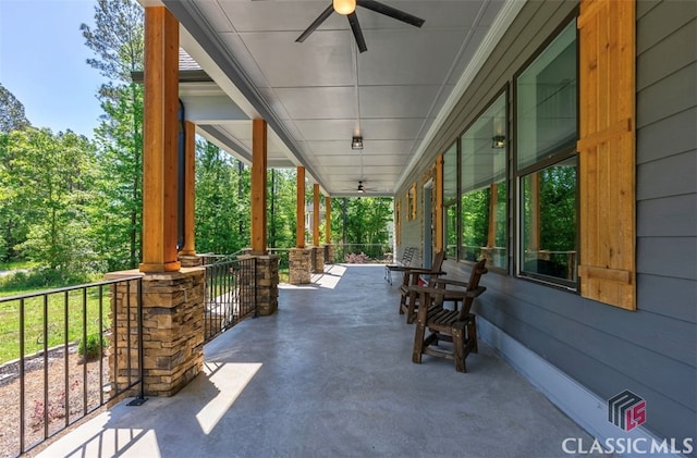 view of patio / terrace with ceiling fan and a porch