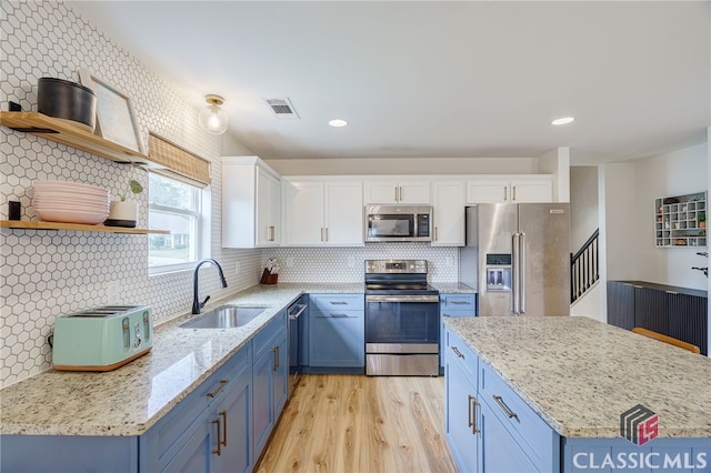 kitchen with blue cabinets, white cabinets, light hardwood / wood-style flooring, sink, and appliances with stainless steel finishes