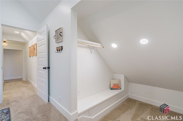 mudroom featuring carpet flooring and vaulted ceiling