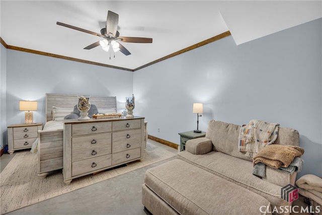 bedroom featuring crown molding and ceiling fan