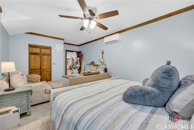 bedroom featuring vaulted ceiling, ornamental molding, an AC wall unit, and ceiling fan