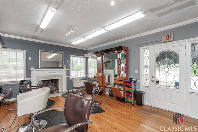 office with light hardwood / wood-style flooring, a wealth of natural light, ornamental molding, and a tiled fireplace