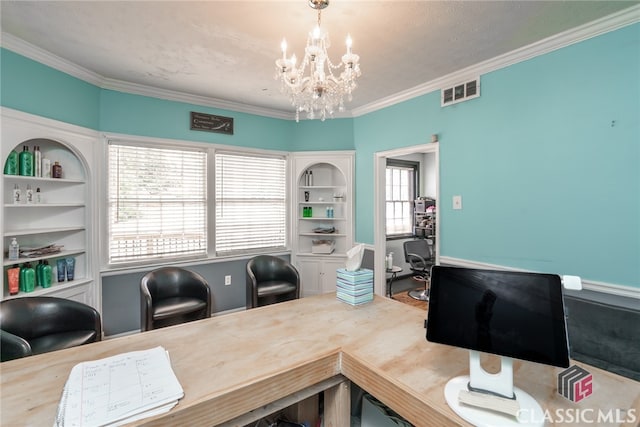 home office featuring a textured ceiling, an inviting chandelier, and ornamental molding