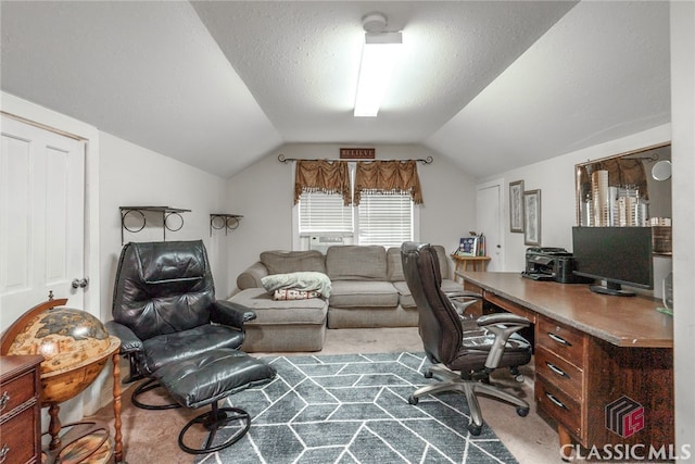 carpeted office space with lofted ceiling and a textured ceiling