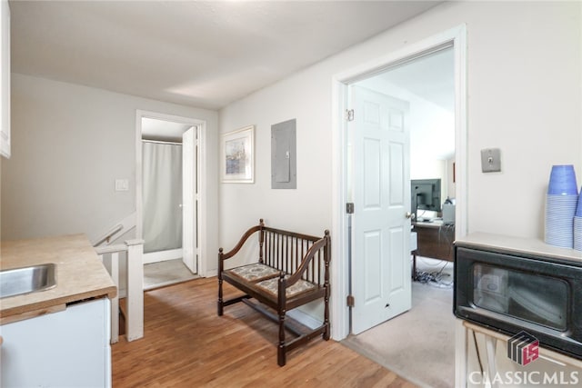 corridor featuring light hardwood / wood-style flooring, electric panel, and sink