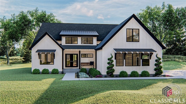 modern inspired farmhouse featuring a front yard and french doors