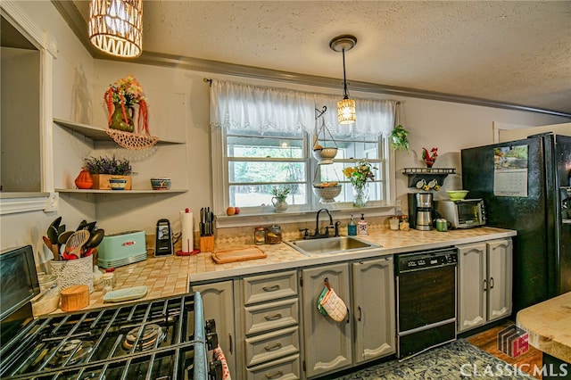 kitchen featuring sink, crown molding, and black appliances