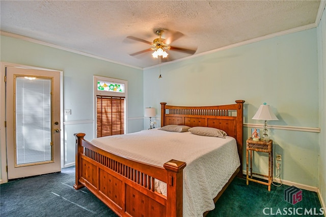 carpeted bedroom with ceiling fan, crown molding, and a textured ceiling