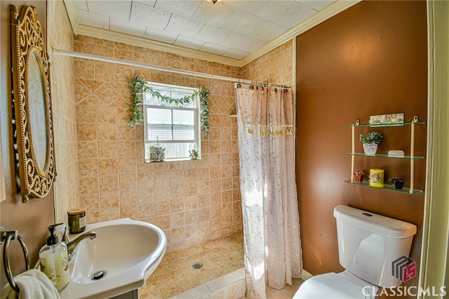 bathroom featuring toilet, curtained shower, ornamental molding, and sink