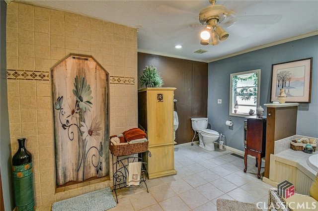 bathroom featuring ceiling fan, walk in shower, tile patterned floors, crown molding, and toilet