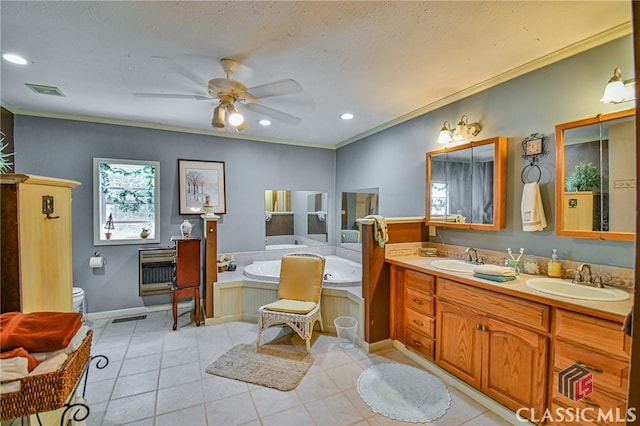 bathroom featuring tile patterned floors, vanity, toilet, and ornamental molding