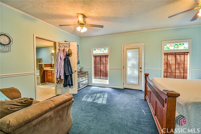 carpeted living room featuring a textured ceiling, ceiling fan, and crown molding