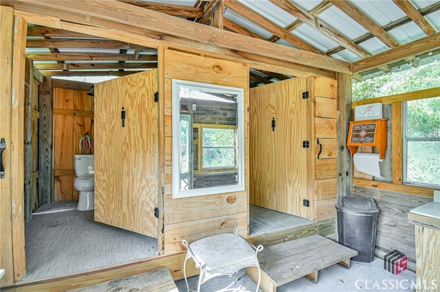 miscellaneous room featuring wood walls and vaulted ceiling