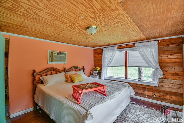 bedroom with dark hardwood / wood-style floors, wood walls, wooden ceiling, and a wall mounted AC