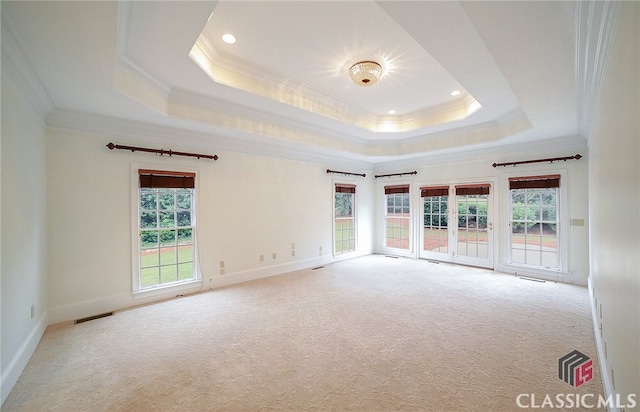 carpeted empty room featuring a tray ceiling, crown molding, and french doors