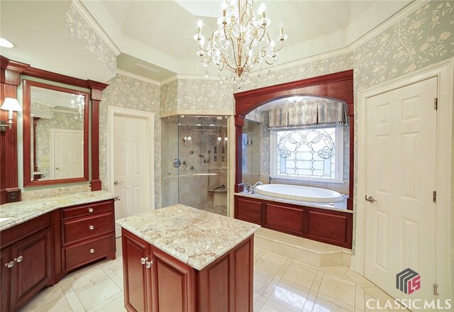 bathroom with tile patterned floors, vanity, separate shower and tub, crown molding, and a notable chandelier