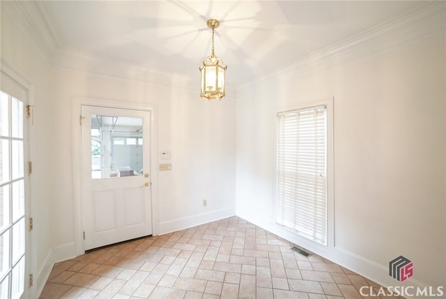 interior space with a wealth of natural light, a notable chandelier, and ornamental molding