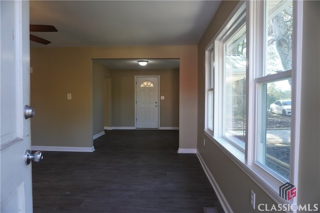 entryway featuring plenty of natural light, dark wood-type flooring, and ceiling fan