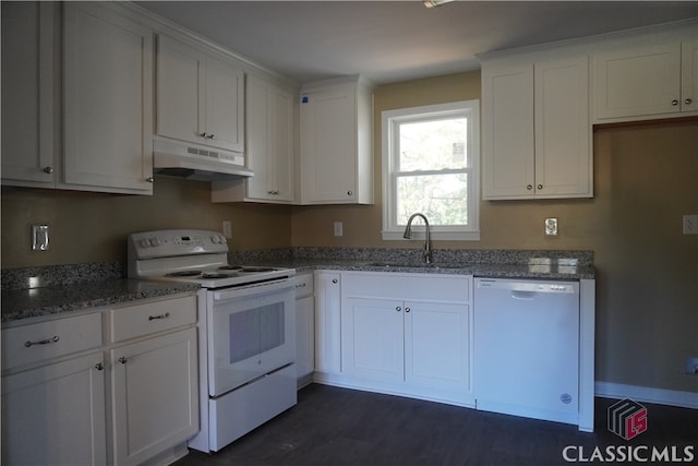 kitchen featuring white cabinets, white electric stove, stainless steel dishwasher, and sink