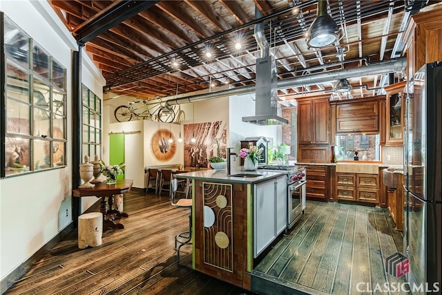 kitchen featuring dark hardwood / wood-style flooring, a kitchen island, sink, appliances with stainless steel finishes, and island range hood