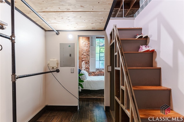 interior space with electric panel, dark hardwood / wood-style flooring, and wooden ceiling