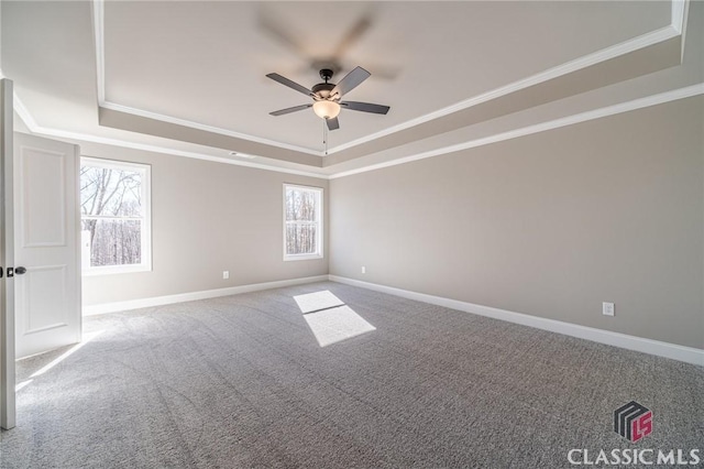 spare room featuring a tray ceiling, ornamental molding, and a healthy amount of sunlight