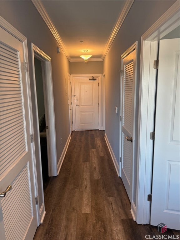 hall with dark hardwood / wood-style floors and ornamental molding