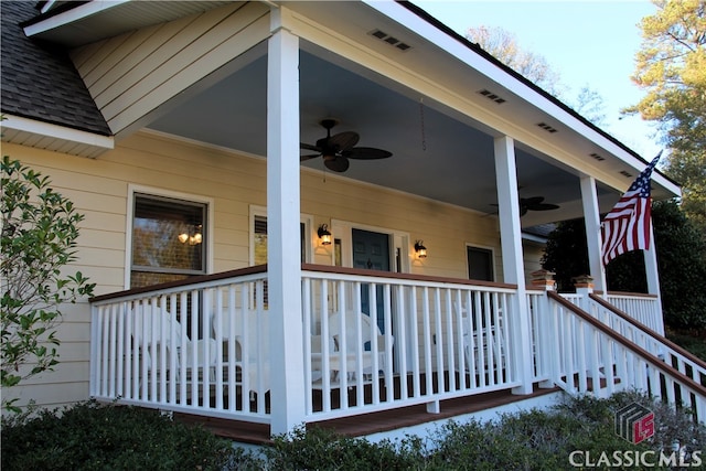 view of property exterior featuring ceiling fan and covered porch