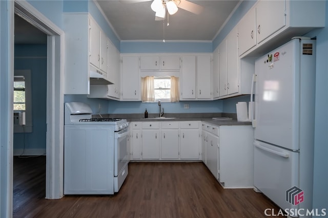 kitchen with dark hardwood / wood-style flooring, white appliances, crown molding, sink, and white cabinetry